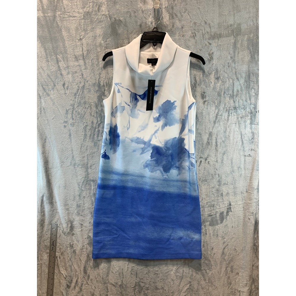 Donna Karan New York Blue White Watercolor Floral Cowl Neck Shift Dress 2